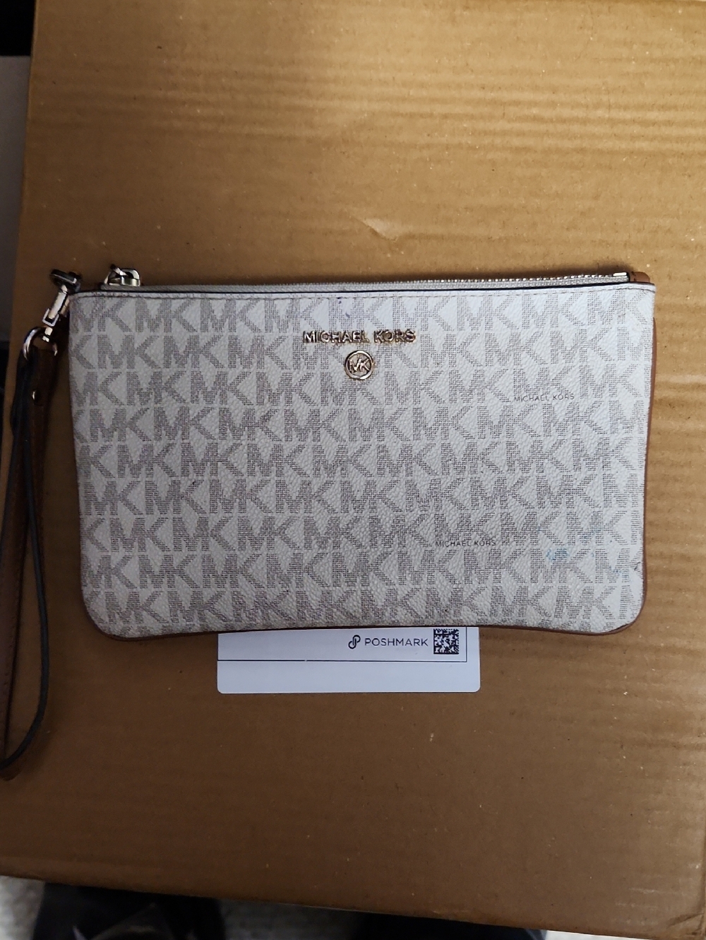 Michael Kors Beige Signature MK Wristlet with Brown Trim